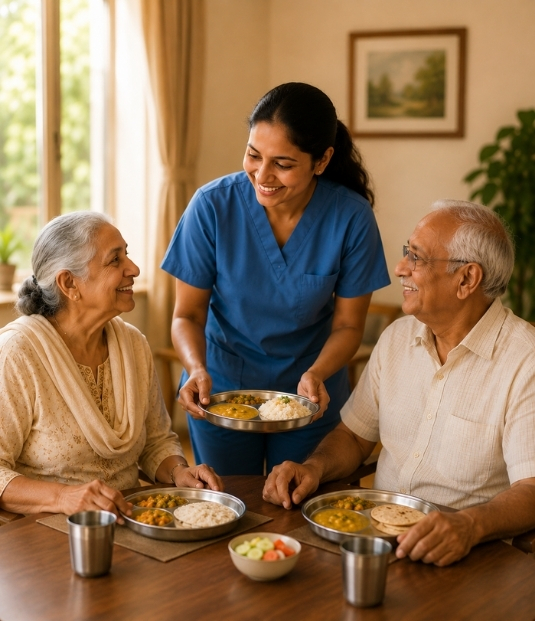 Caregiver supporting elderly resident at Ananda Niketan Foundation
