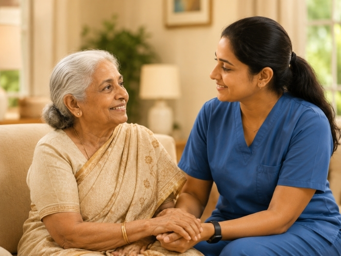 Caregiver supporting a senior resident