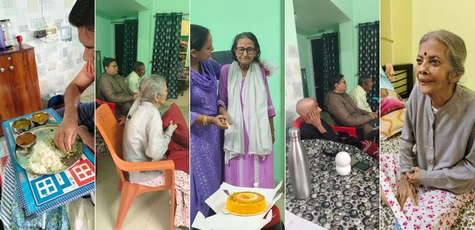 Senior residents having a meal with a caregiver
